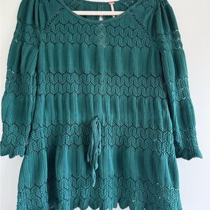 Free People Green Knit Lace Top Size M Boho Tie Waist 3/4 Sleeve